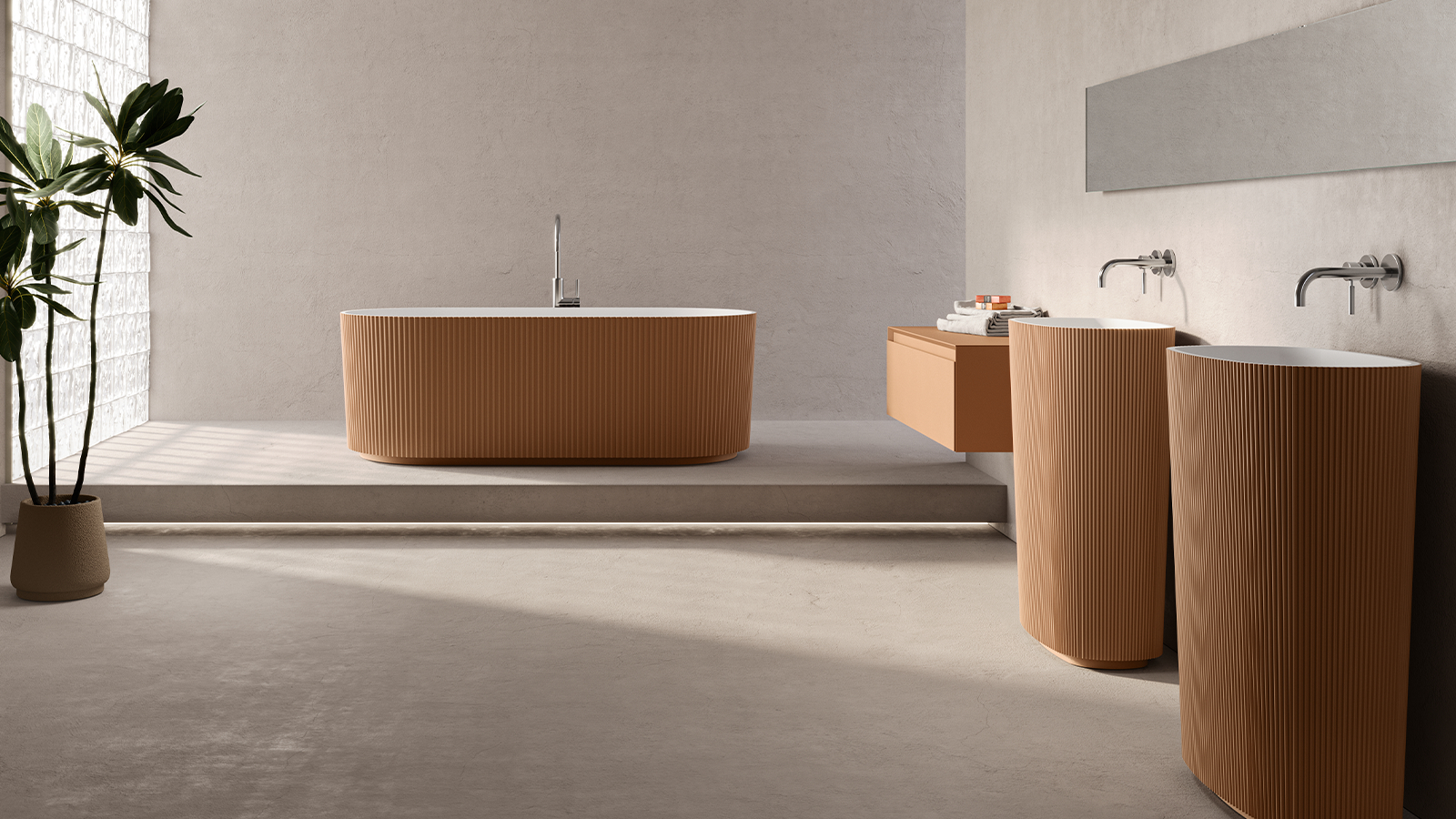Baignoire ilot terracotta cannelee et vasques totem - salle de bain contemporaine